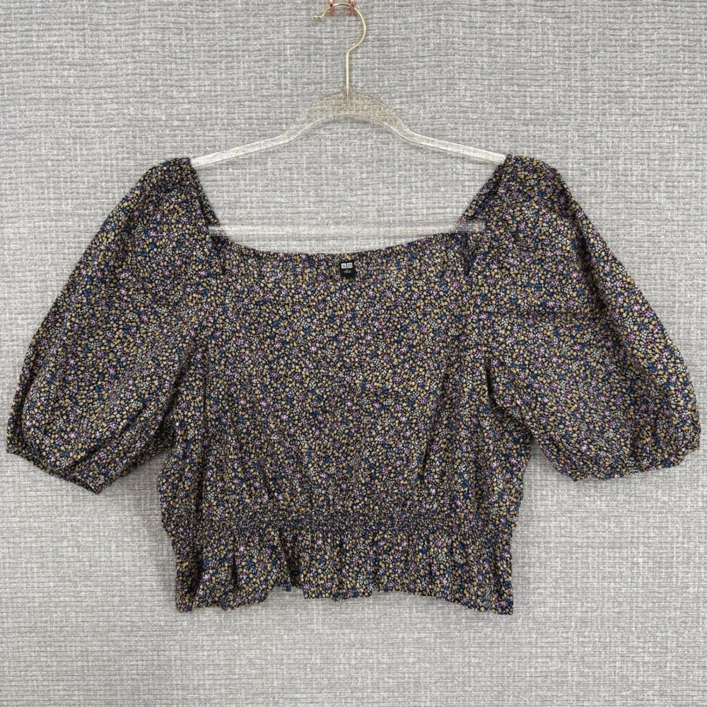 UNIQLO Women's Top Sz L Floral Cottagecore Prairie Boho Smocked Milkmaid‎ Blouse